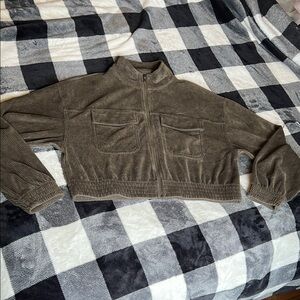 Aerie Cropped Corduroy Zip Up Jacket with Elasticized Waistband Green size M